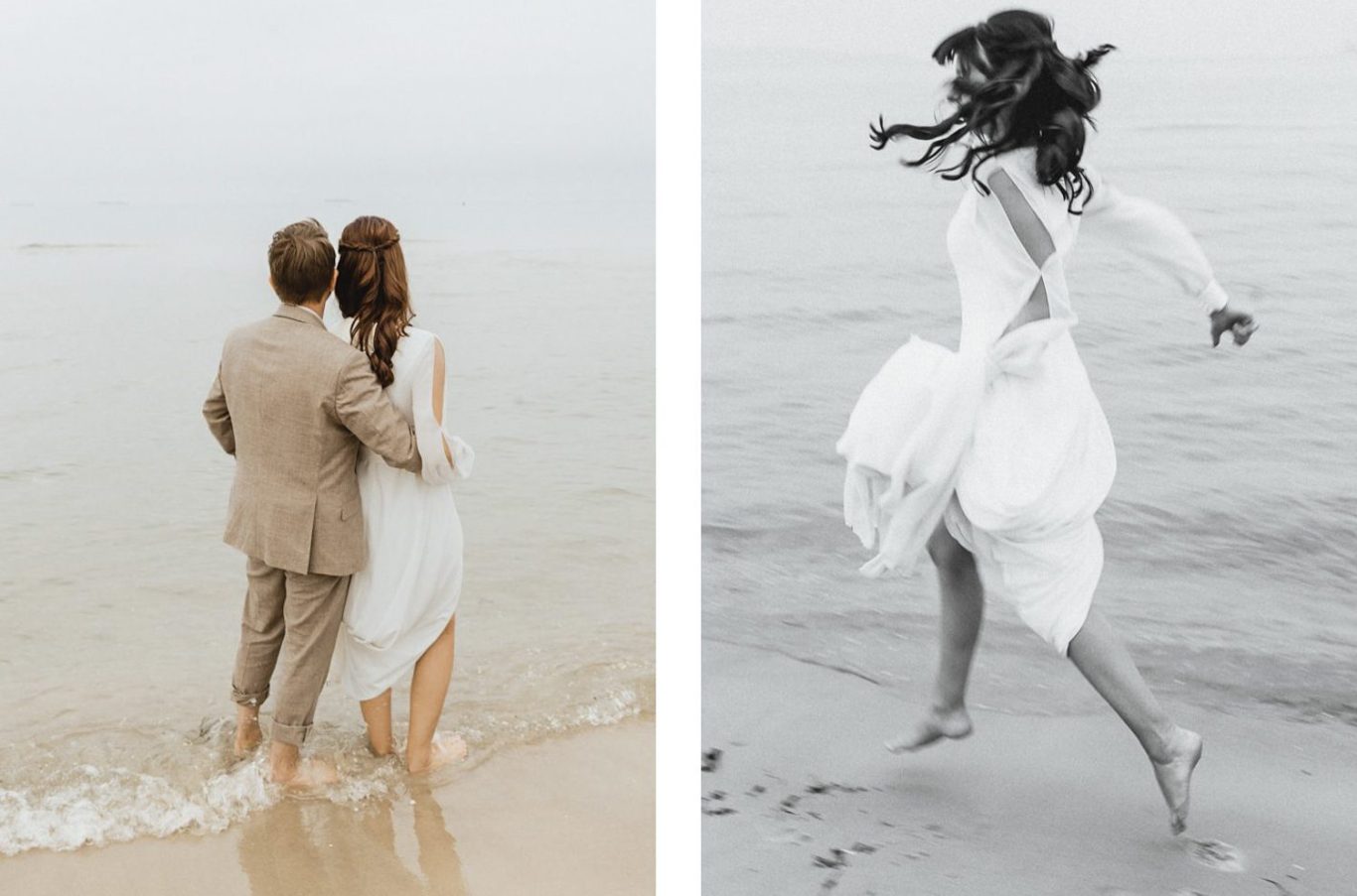 Hochzeitspaar  am Strand von Binz und die Braut läuft durch das Wasser